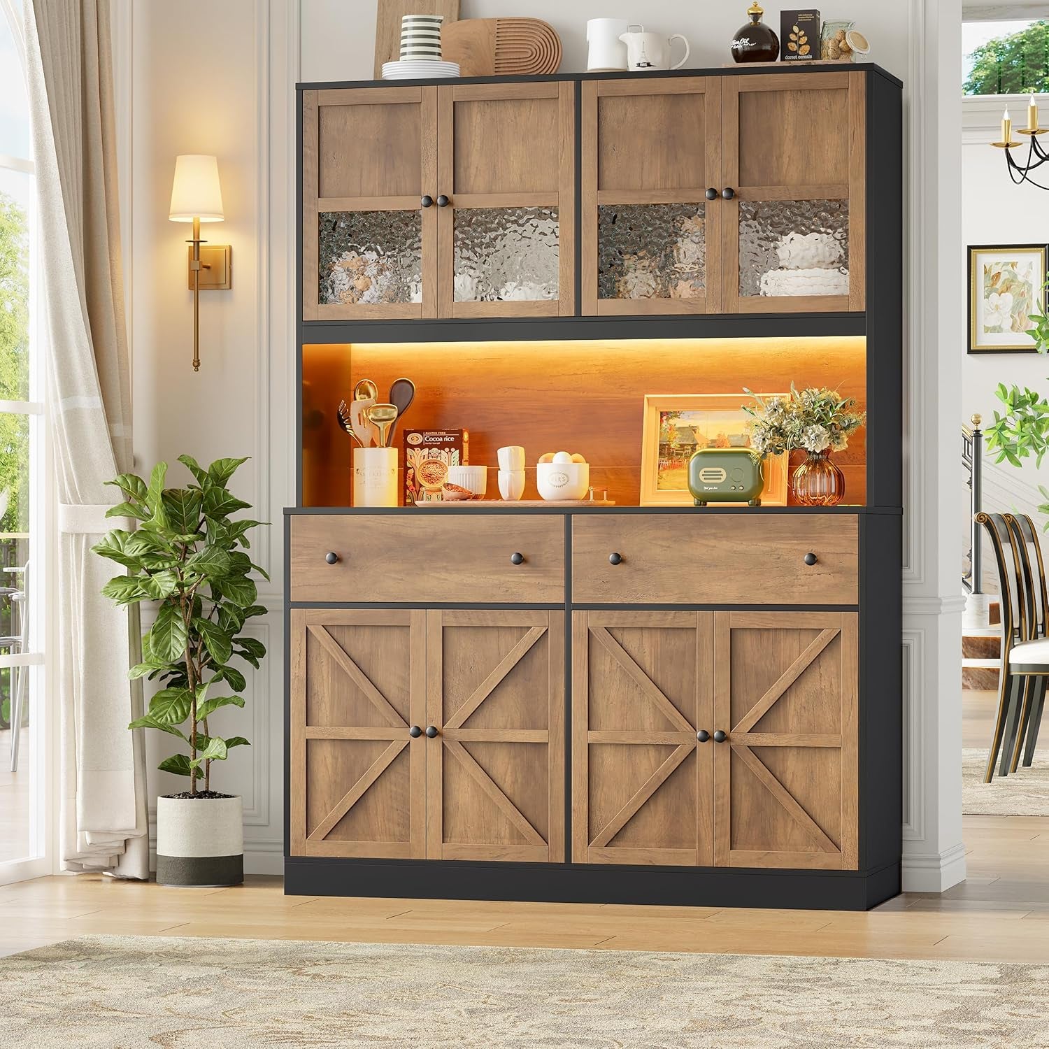 71" Pantry Cabinet with LED Light and Charging Station, Farmhouse Kitchen Pantry Cabinet with Microwave Stand, 47.2" Wide Kitchen Hutch Food Pantry with Open Countertop, Black/Brown