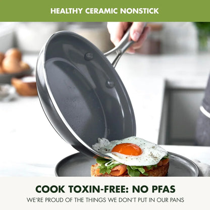 Swift Healthy Ceramic Nonstick, 8" and 10" Frying Pan Skillet Set, Stainless Steel Handles, Pfas-Free, Dishwasher Safe, Oven Safe, Black