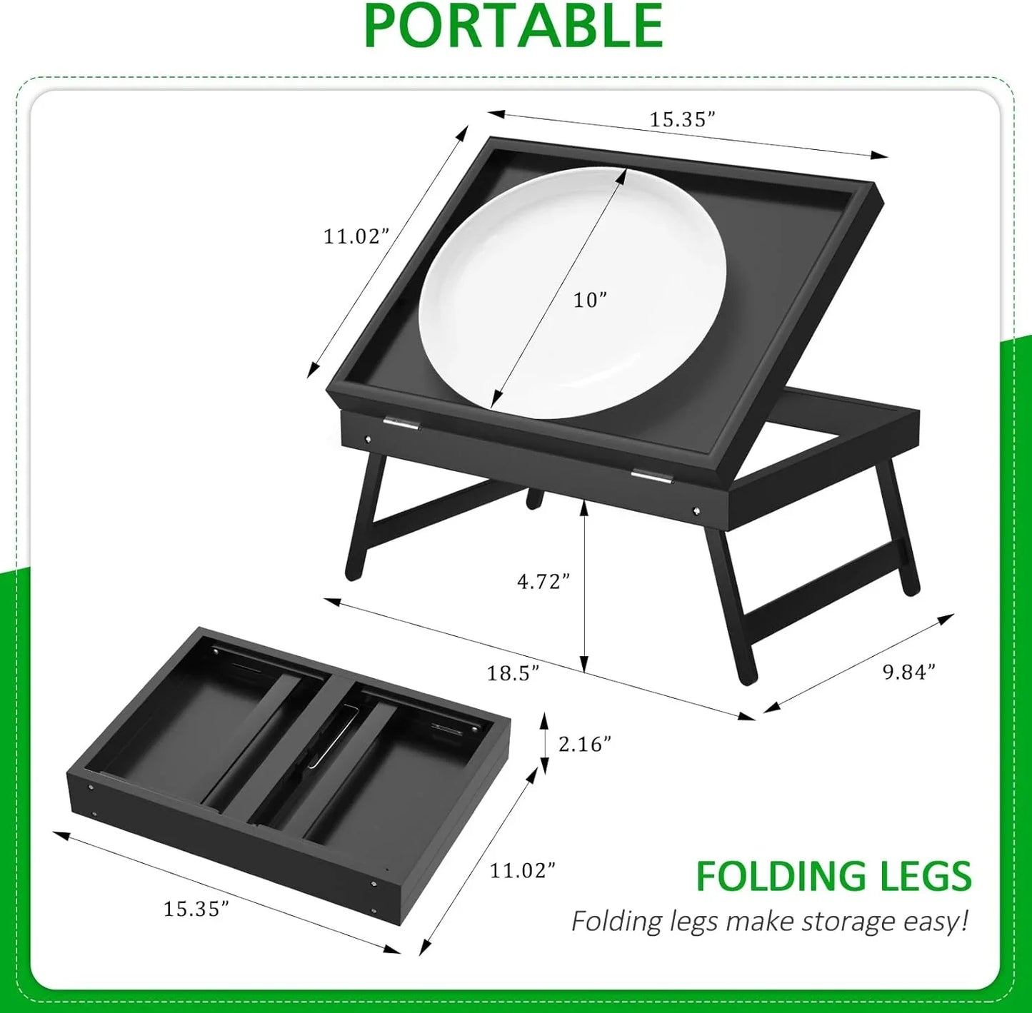 Bed Tray Table Breakfast Food Tray with Folding Legs Serving Tray for Laptop Desk, Sofa,Platters,Tv,Snack,Eating Tray(Black, Medium)