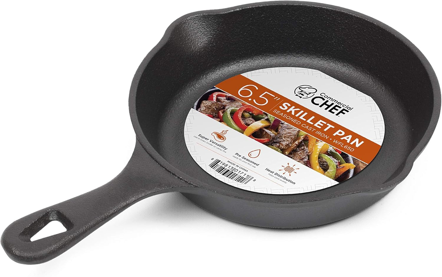 6.5-Inch Cast Iron Skillet Pan, Pre-Seasoned Cast Iron, Integrated Hanging Hole in Handle, Works on All Cooktops Including Induction, Outdoor Skillet for Campfires or Grills, CHFL650