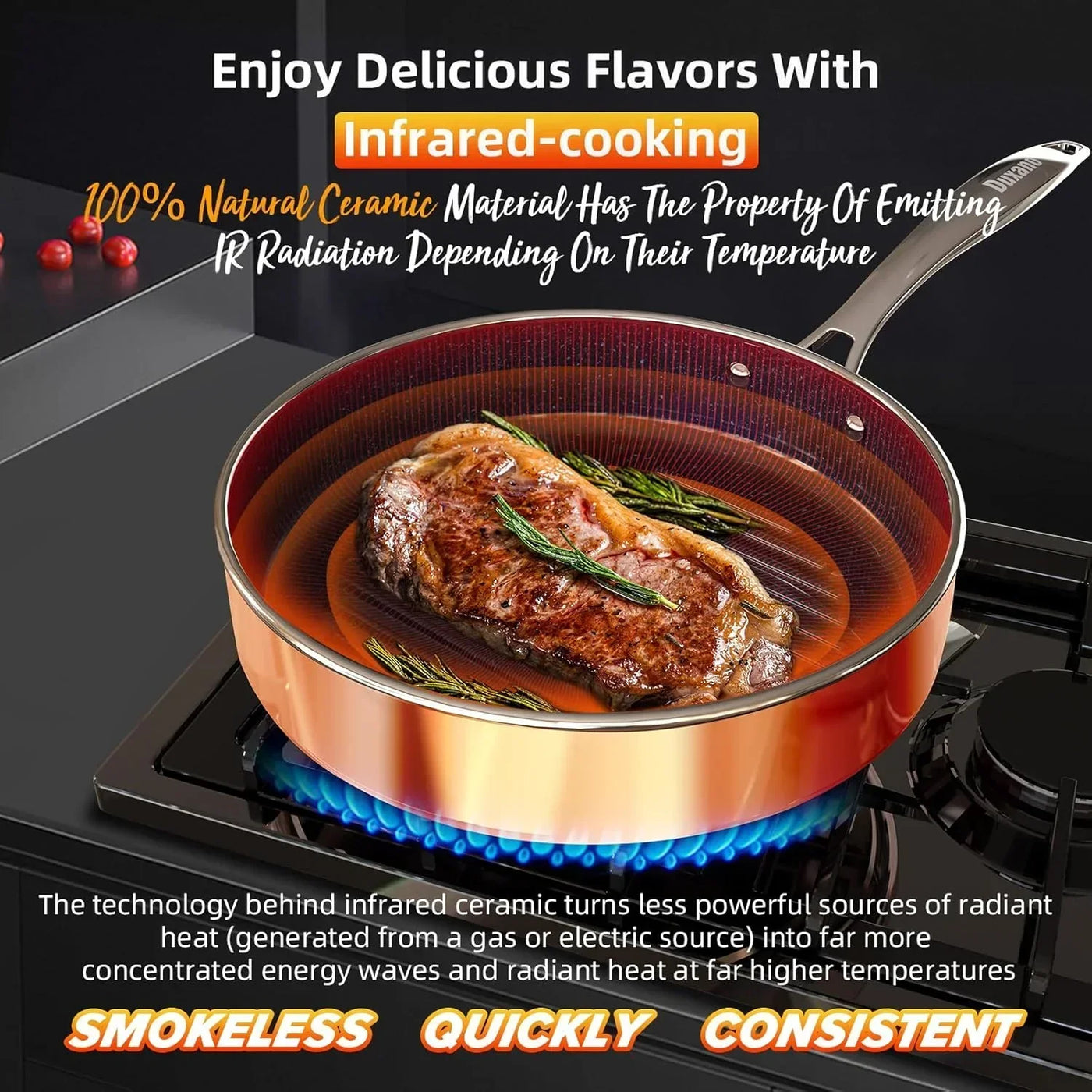 Infrared ceramic frying pan searing steak on gas stove, smokeless & quick cooking