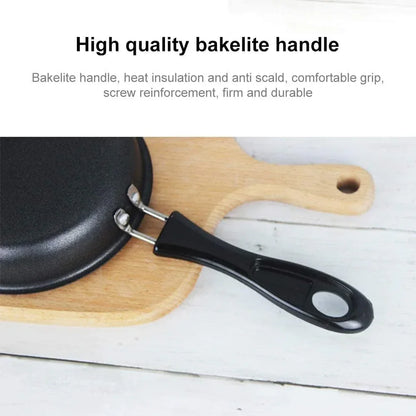 High-quality bakelite handle on black frying pan, heat-insulated and durable for kitchen cooking