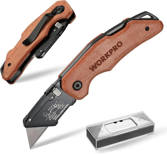 Folding Utility Knife with Stainless Steel Head, Quick-Change Blade & Back Lock, Wood Handle Heavy Duty Box Cutter, 1PC Razor Knife with Extra 10PC SK5 Blades