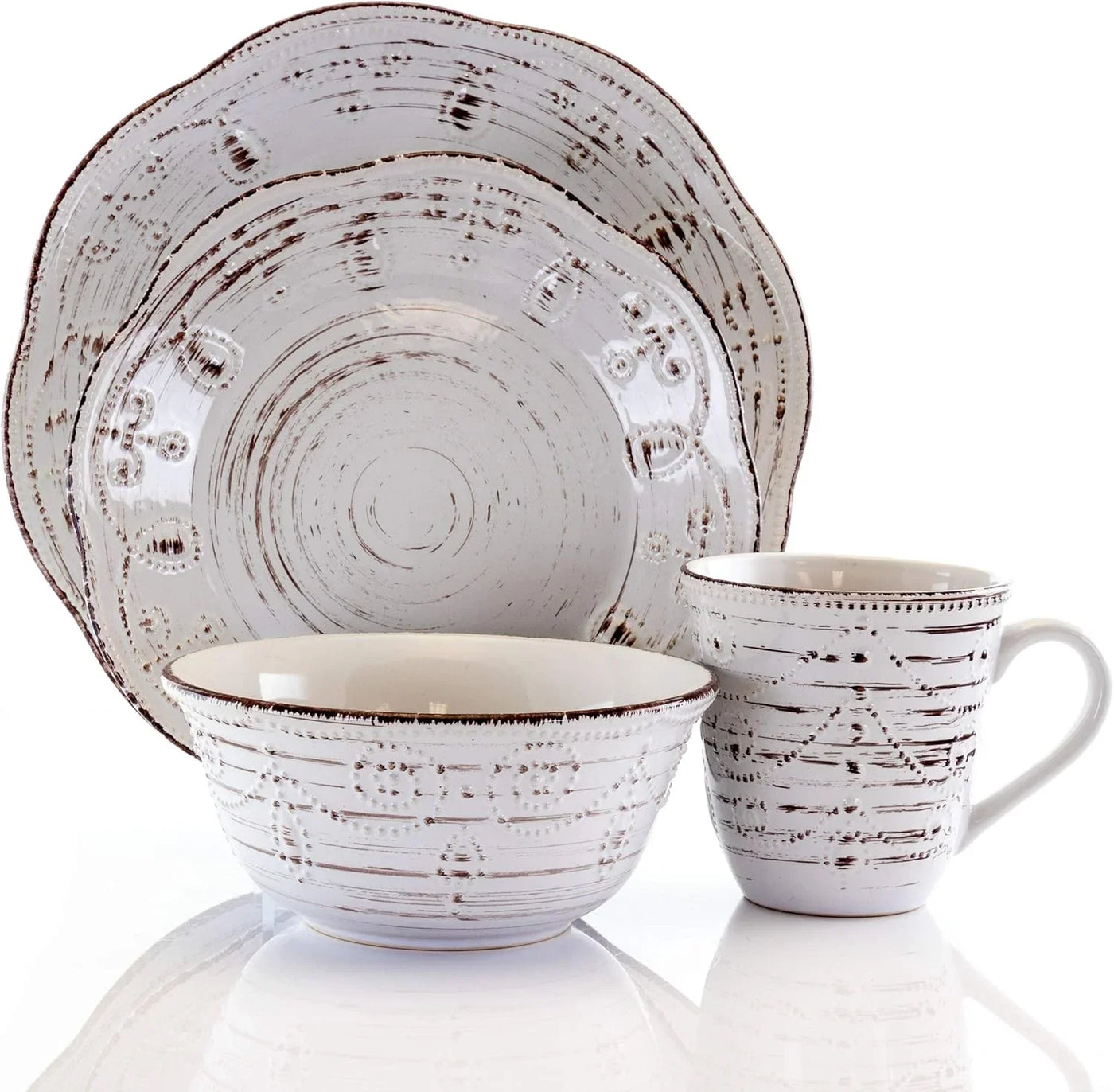 Rustic Birch 16 Piece Embossed Scalloped Stoneware round Dinnerware Set in White with Brown Accents