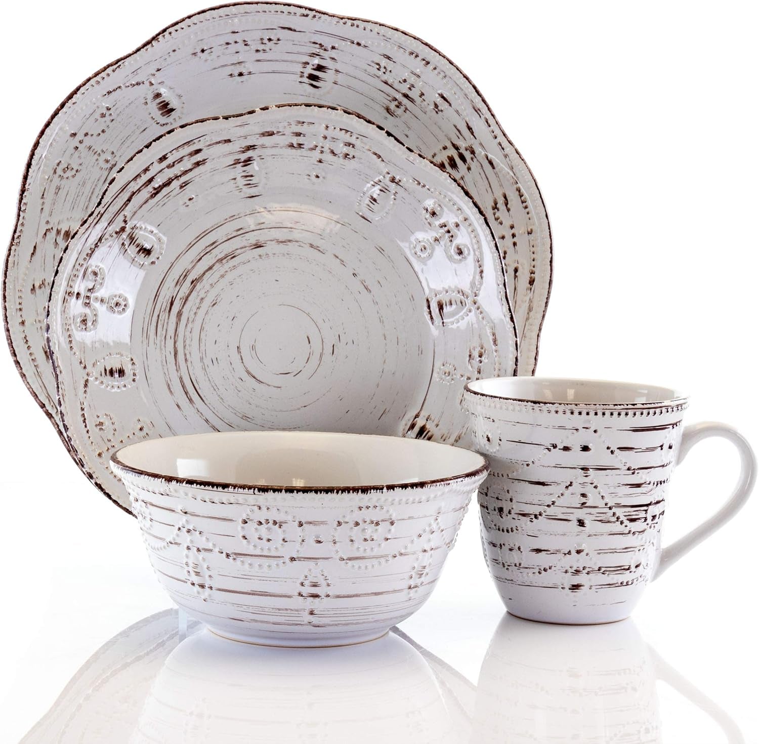 Rustic Birch 16 Piece Embossed Scalloped Stoneware round Dinnerware Set in White with Brown Accents