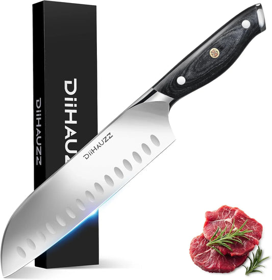 Chef Knife, 7 Inch Ultra Sharp Japanese Santoku Knife, High Carbon Steel Forged Professional Kitchen Knife with Full Tang Triple-Riveted Ergonomic Handle for Slicing, Chopping, Dicing