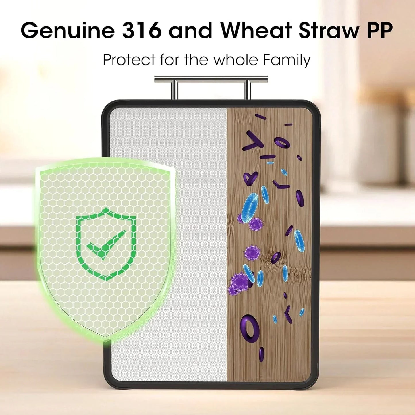 316 stainless steel and wheat straw PP cutting board, family-safe kitchen tool with antimicrobial protection