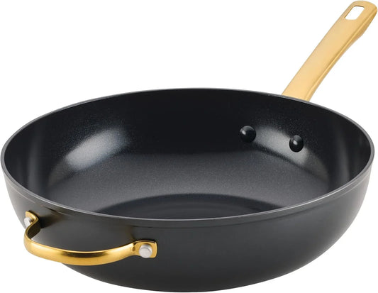 Forged Induction Ceramic Nonstick Stir-Fry Pan with Helper Handle, Dishwasher Safe, Suitable for All Stovetops, 12.25 Inch Wok Pan - Black