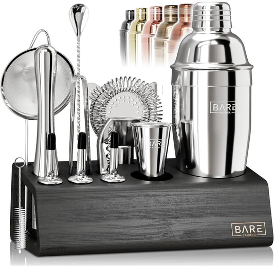 ® Mixology Bartender Kit Bar Set | 14-Piece Cocktail Shaker Set | Martini Barware Mixing Tools for Home Bartending | Incl. 35 Recipe Cards | Gift Set (24Oz Cobbler Shaker, Silver/Black)