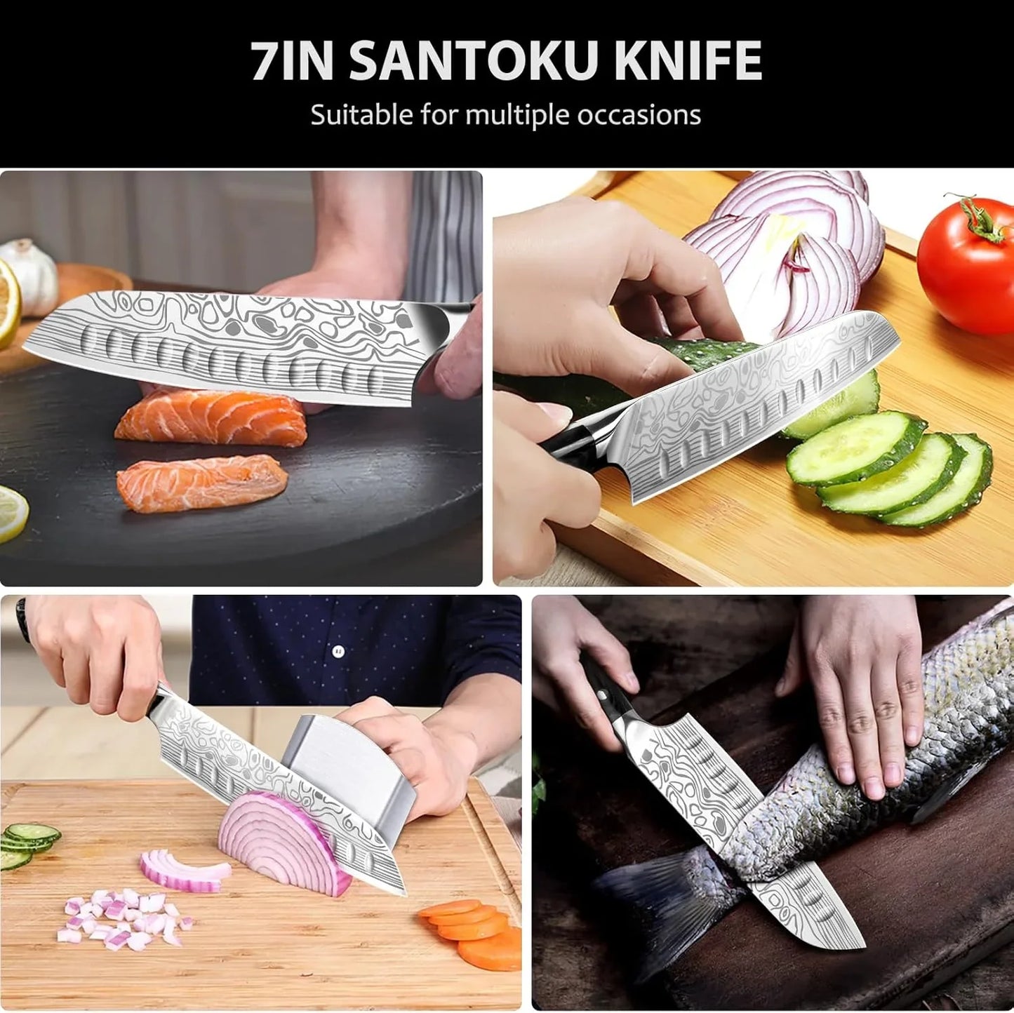 7" Santoku Knife,High Carbon Stainless Steel Chef Knife,Kitchen Nakiri Knife with Finger Guard and Knife Sharpener,Chef Knife Gift Box for Family,For Family and Friends