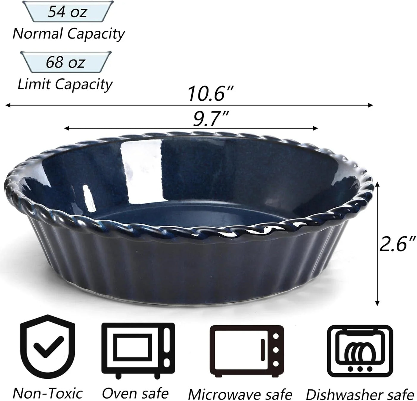 2 Pack Ceramic Pie Pans, 10 Inch Deep Fluted Pie Plate, 54 Ounce round Baking Dish for Quiche, Apple Pecan Pie, Pot Pie, Blue