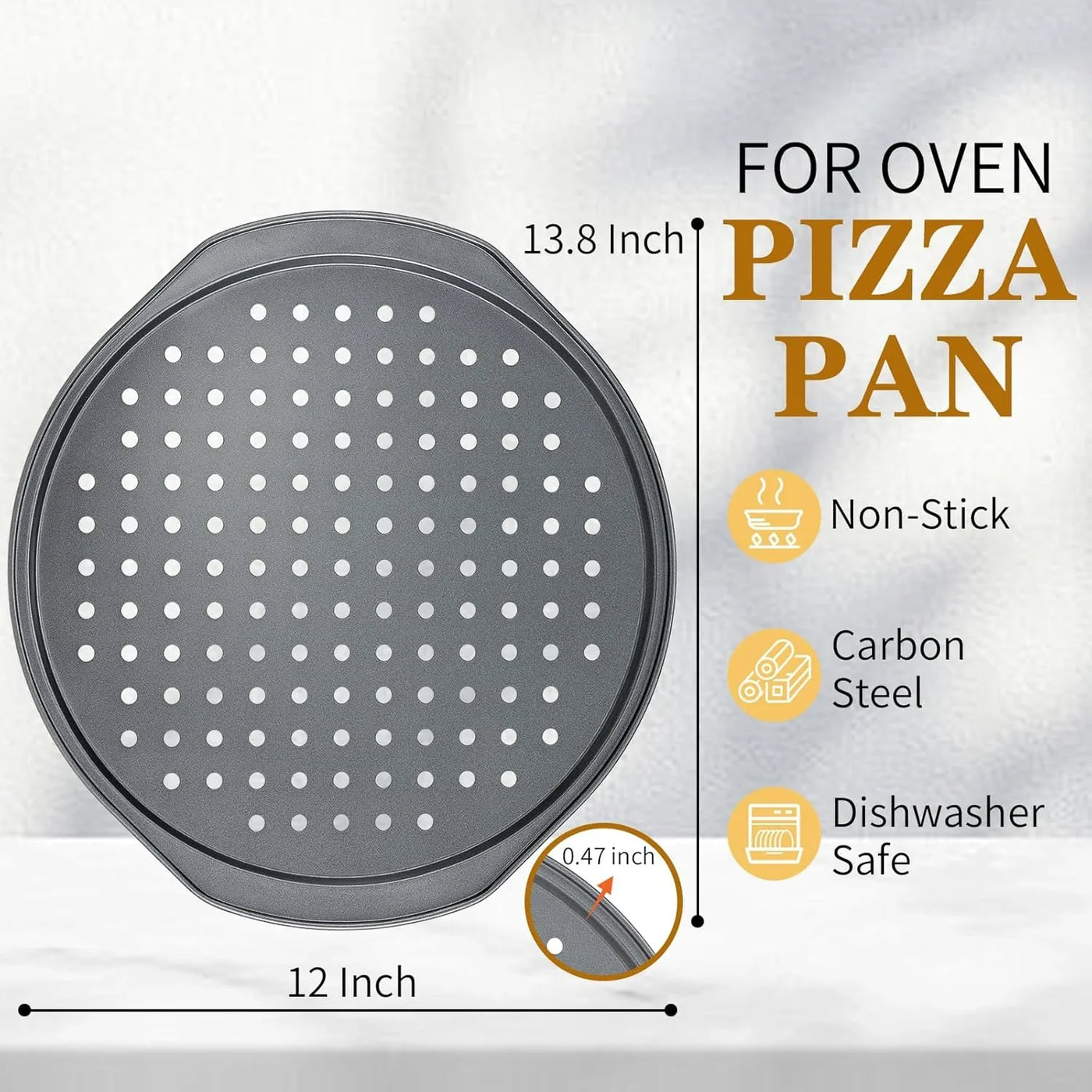 5Pcs Pizza Pan Set - 12 Inch Pizza Pan with Holes, Non-Stick, Pizza Oven Accessories with 2 Carbon Steel round Pans, Pizza Cutter and 2 Gloves, Dishwasher Safe