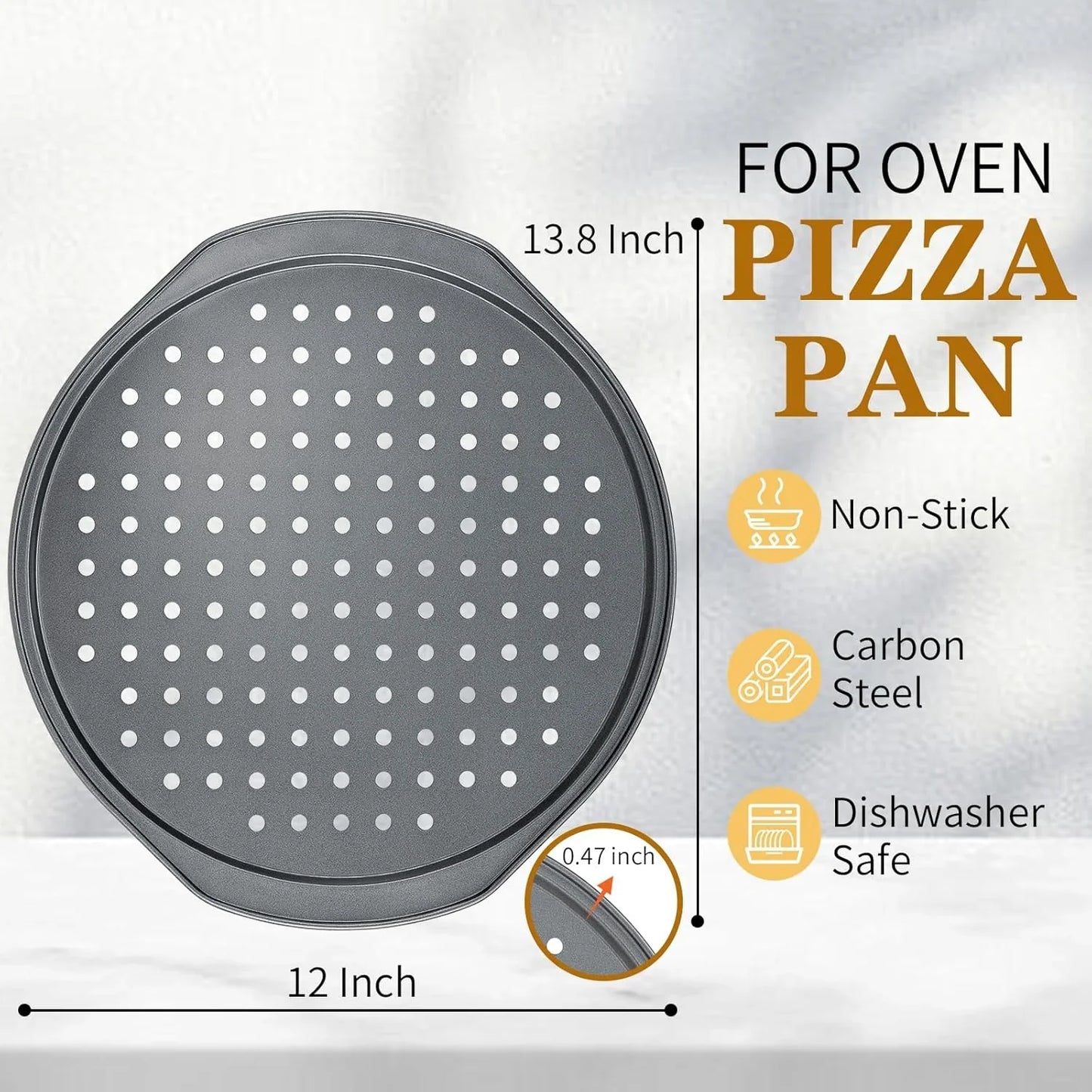 5Pcs Pizza Pan Set - 12 Inch Pizza Pan with Holes, Non-Stick, Pizza Oven Accessories with 2 Carbon Steel round Pans, Pizza Cutter and 2 Gloves, Dishwasher Safe
