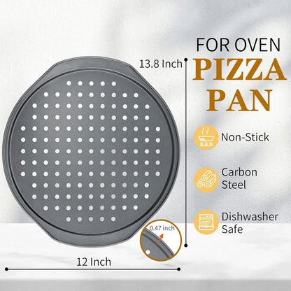 5Pcs Pizza Pan Set - 12 Inch Pizza Pan with Holes, Non-Stick, Pizza Oven Accessories with 2 Carbon Steel round Pans, Pizza Cutter and 2 Gloves, Dishwasher Safe