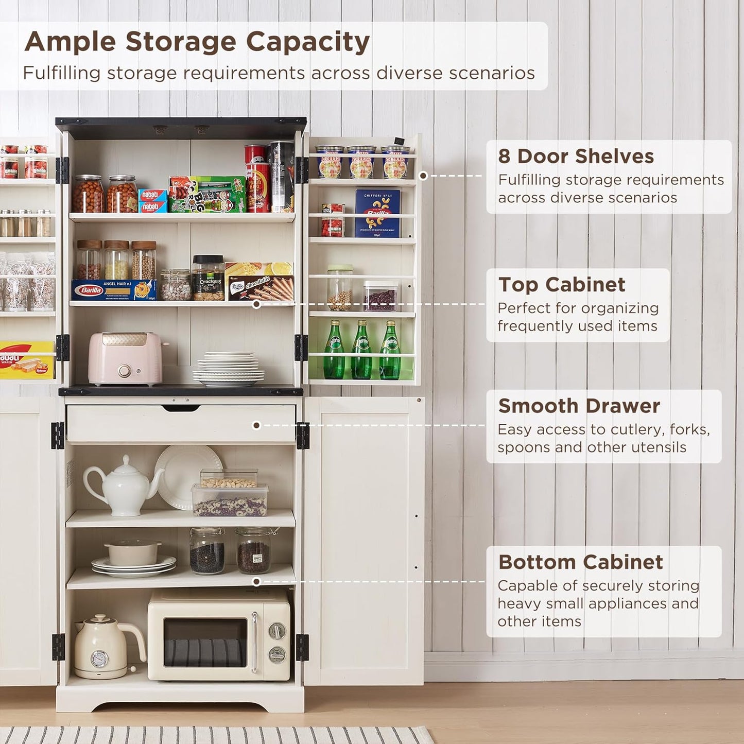 72" Tall Kitchen Pantry, Farmhouse Storage Cabinet with Barn Doors, Organizer, Drawer and Adjustable Shelves, Rustic Wood Cupboard for Kitchen, Dining Room, Bathroom, off White | Barn Doors, Organizer, Drawer, Adjustable Shelves, Cupboard