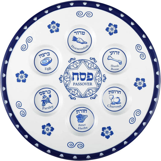 Seder Plates for Passover 12" Ceramic Passover Plate Elegant & Modern Pesach Seder Dish Recipe Hebrew & English Haggadah Traditional Jewish Holiday Party Decor Judaism Gifts