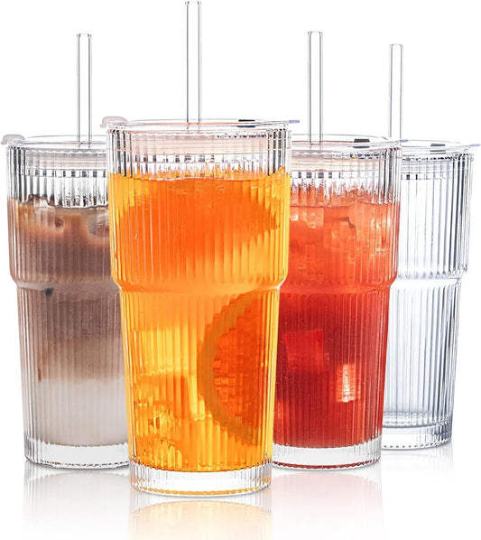 20 Oz Ribbed Glass Tumblers with Lids and Glass Straws – 4-Piece Glassware Set, Thickened Wall, Ideal for Iced Coffee, Smoothies, Cocktails, and Juices – Elegant and Durable Drinkware