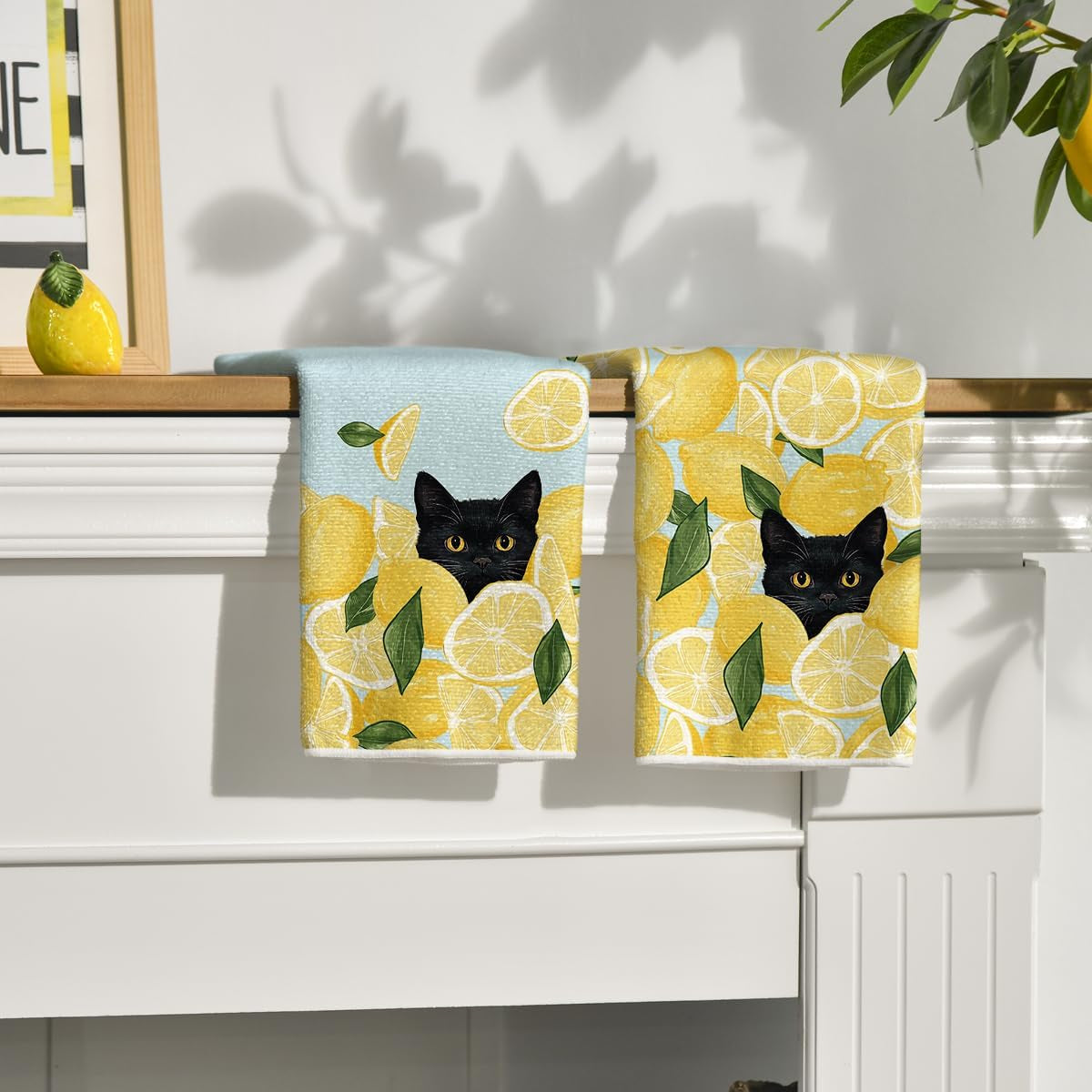 Yellow Lemon Black Cat Summer Kitchen Towels Dish Towels, 18X26 Inch Leaves Farmhouse Summer Seasonal Decoration Hand Towels Set of 2