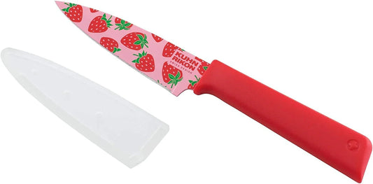 Colori+ Non-Stick Straight Paring Knife with Safety Sheath, 4 Inch/10.16 Cm Blade, Funky Fruit Strawberry