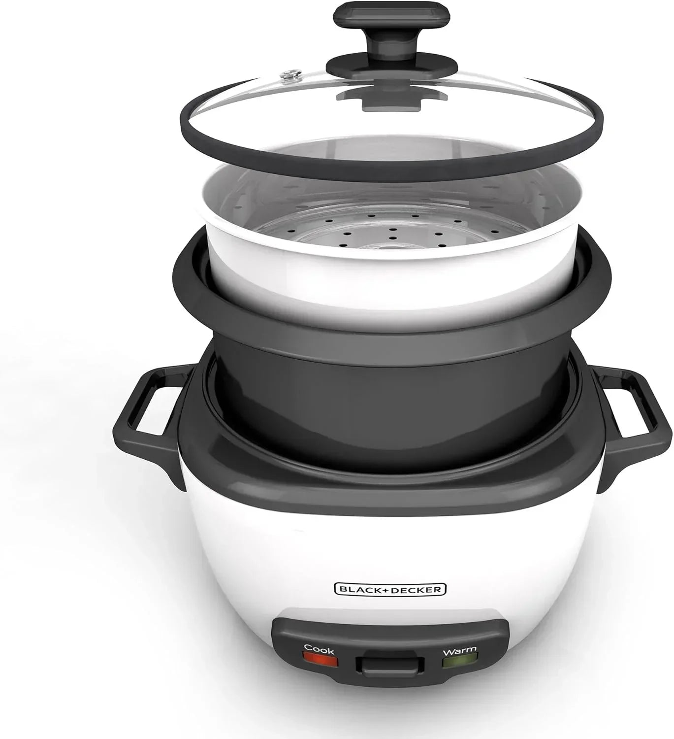 Black+Decker rice cooker with steamer basket and glass lid, ideal for cooking and steaming meals