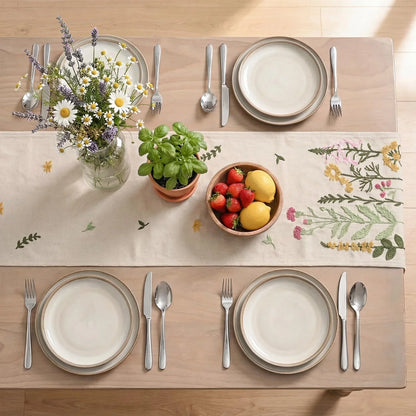 Beige Soft Chain Embroidery Wild Floral Spring Table Runner, Seasonal Summer Kitchen Dining Table Decoration for Home Party Decor 13X72 Inch