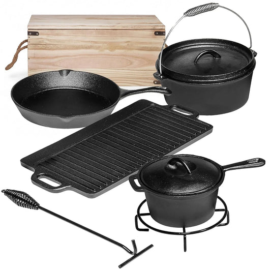 Camping Cooking Set of 7. Pre Seasoned Cast Iron Pots and Pans Dutch Oven with Lids for Outdoor Comefire. Grill Cookware Skillet Sets with Storage Box