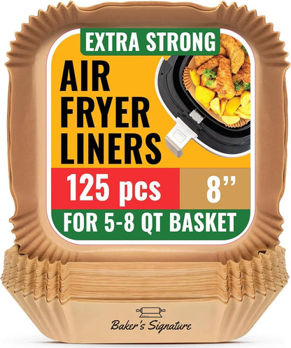 Air Fryer Paper Liners, 125Pcs Air Fryer Disposable Liners, Non-Stick and Oil Proof for Easy Cleanup, 8” Square for 5-8 Qt Basket by