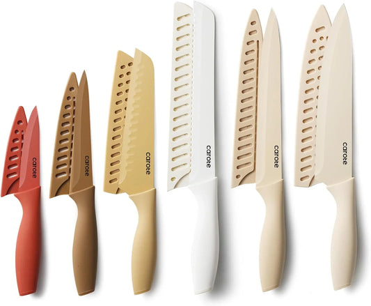 Knife Set, 12 Pieces Kitchen Knife Set, 6 Stainless Steel Knives with Blade Guards & Nonstick Ceramic Coating, Rustproof, Color-Coded, Ergonomic Handles