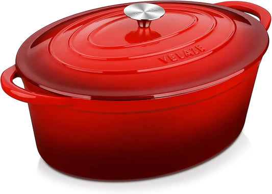 7.5 QT Enameled Oval Dutch Oven Pot with Lid, Cast Iron Dutch Oven with Dual Handles for Bread Baking, Cooking, Frying, Non-Stick Enamel Coated Cookware (RED)
