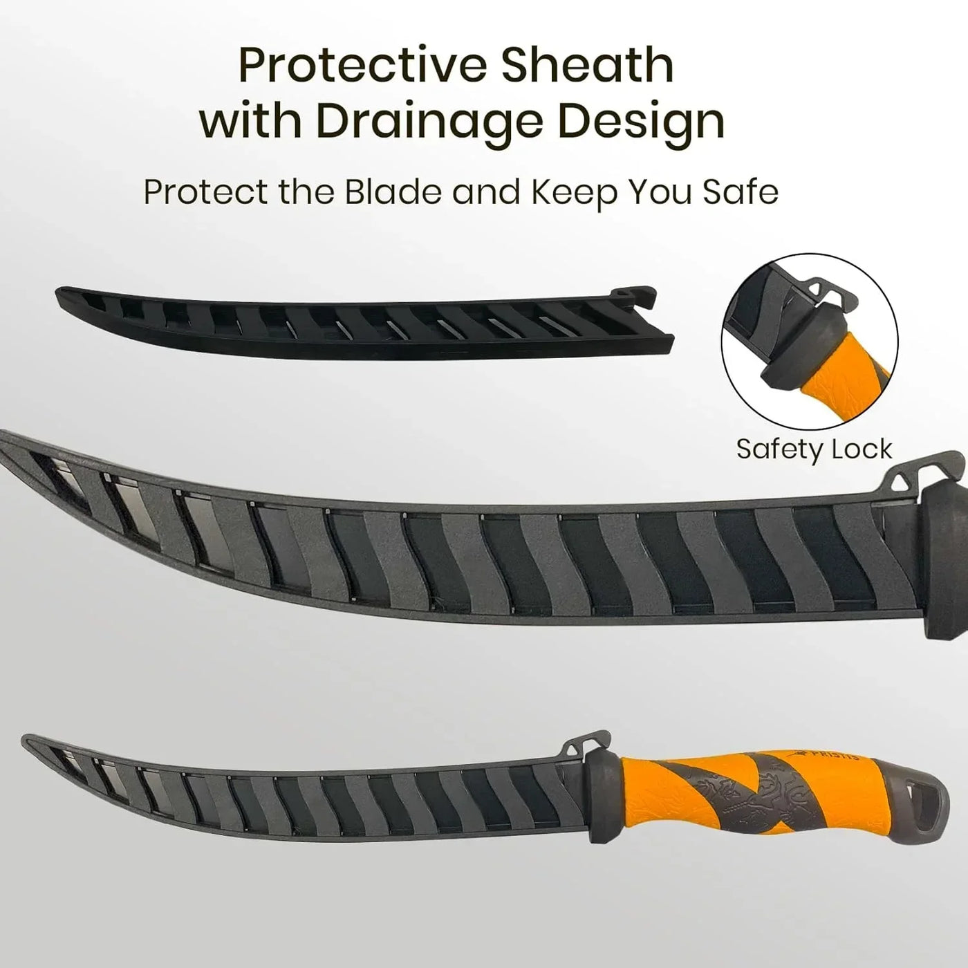 Black protective sheath with drainage design and safety lock for kitchen knife, orange handle visible
