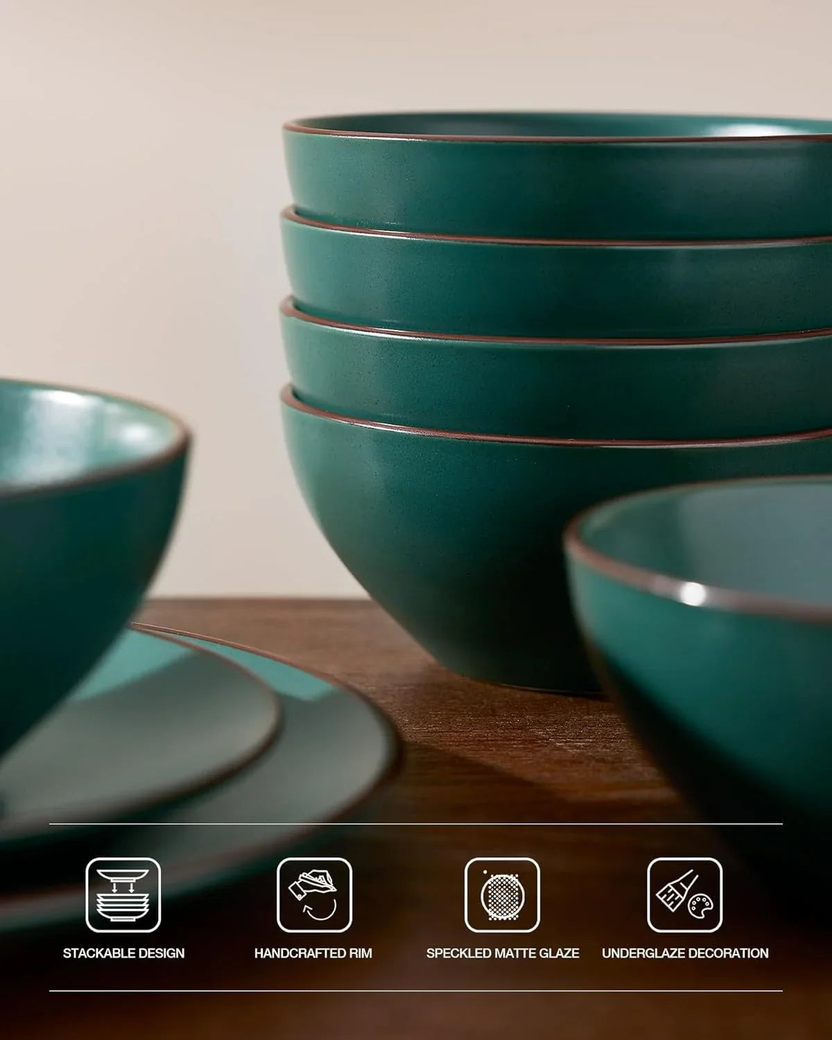 Venus 12-Piece Plates and Bowls Sets with Trim for 4, Stoneware Dinnerware Set, Modern Minimalist Dishes for Everyday & Formal Use, Chip Resistant, Microwave/Dishwasher Safe, Matte Dark Green