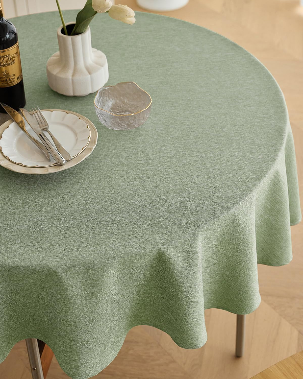 Faux Linen round Tablecloths 60 Inch, Waterproof Decorative Washable Texture Rustic Circle Table Cloth Cover for Dining Kitchen Party Farmhouse Outdoor(Round (2-4 Seats),Sage Green)