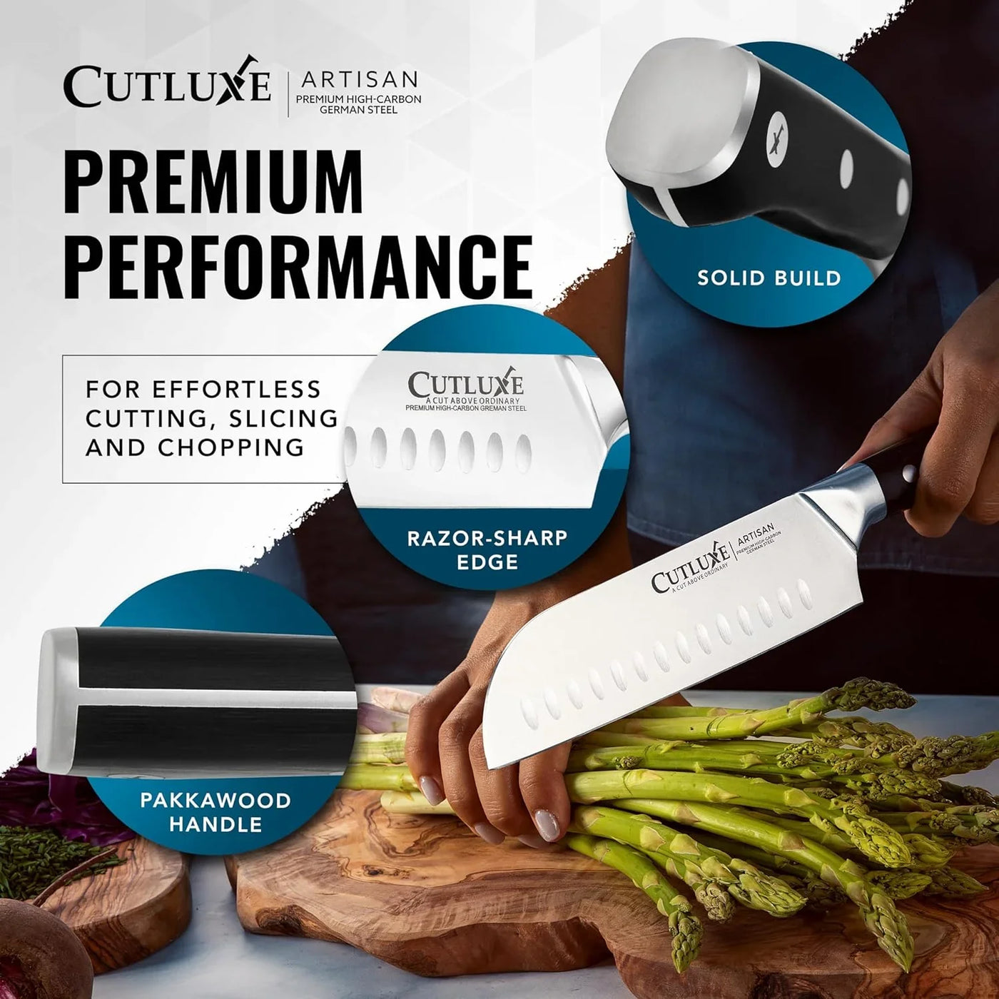 Santoku Knife – 7" Chopping Knife, Meat and Vegetable Knife – Forged High Carbon German Steel – Sheath Included – Full Tang & Razor Sharp – Ergonomic Handle Design – Artisan Series