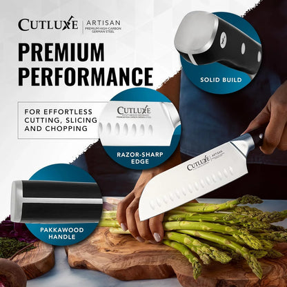Santoku Knife – 7" Chopping Knife, Meat and Vegetable Knife – Forged High Carbon German Steel – Sheath Included – Full Tang & Razor Sharp – Ergonomic Handle Design – Artisan Series