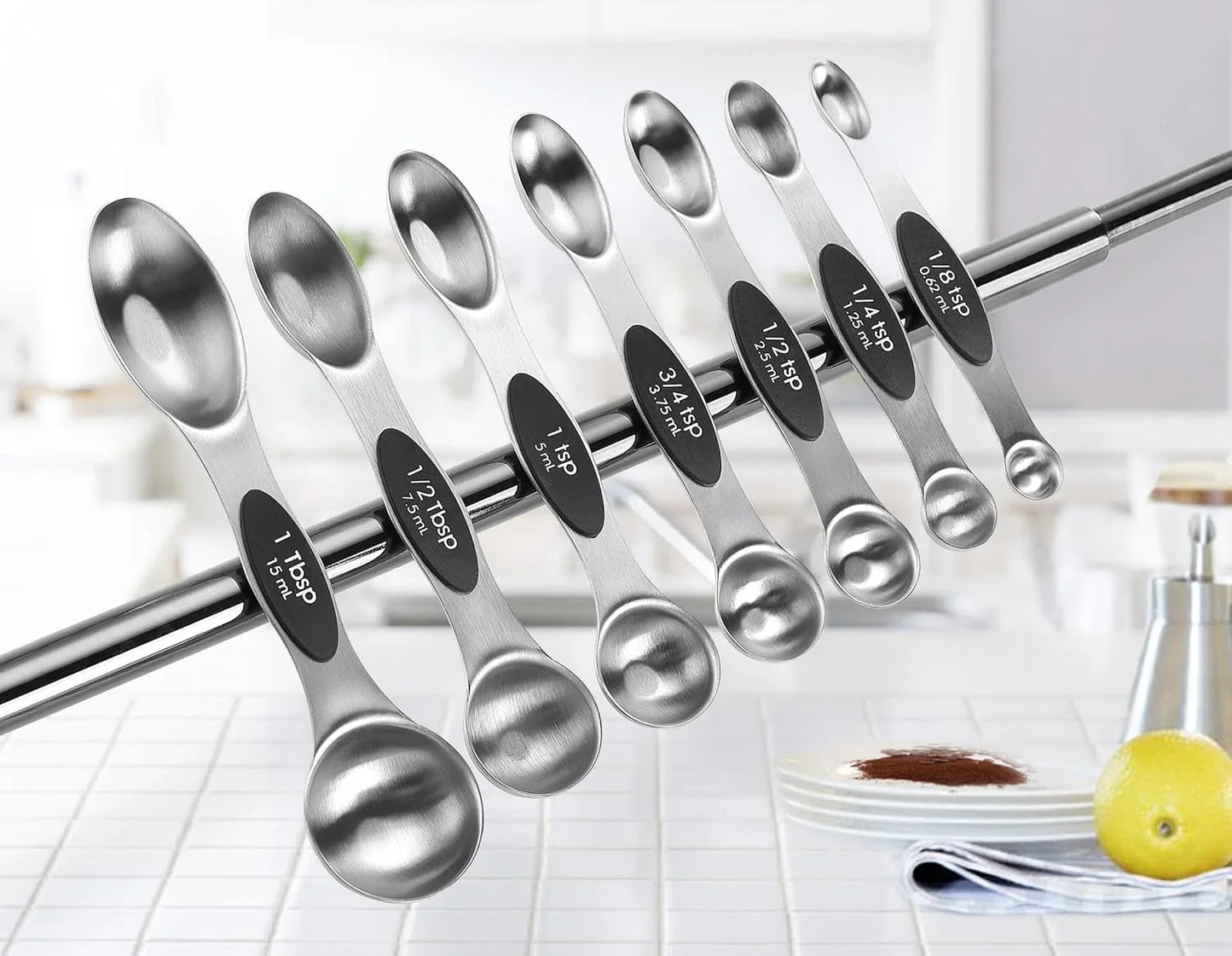 Magnetic Measuring Cups & Spoons Set, Patented, Strong N45 Magnets, Heavy Duty Stainless Steel Fits in Spice Jars for Baking & Cooking, BPA Free, round Set of 15 with Leveler, Black