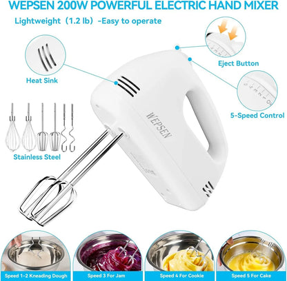 Hand Mixer Electric Mixing Bowls Set, 5 Speeds Handheld Mixer with 4 Nesting Stainless Steel Mixing Bowl, Measuring Cups Spoons 200W Kitchen Blender Whisk Beater Baking Supplies for Beginner