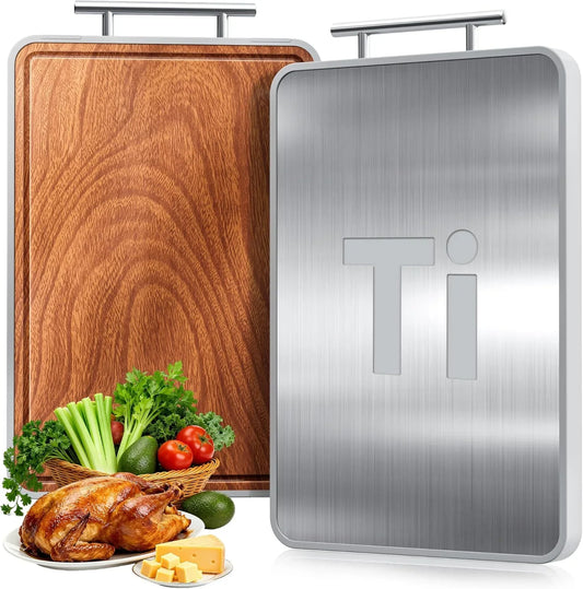Titanium Cutting Boards for Kitchen,Ebony Wood Cutting Board,Double Sided Metal Chopping Board with Handle and Juice Groove, Idea Kitchen Appliances for Meat and Charcuterie