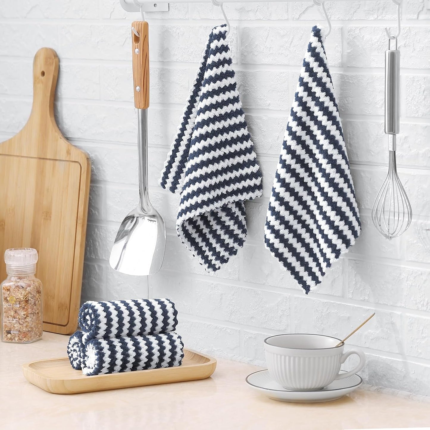 12 Pack Kitchen Dish Cloths, Ultra Soft and Absorbent Dish Towels, Reusable Fast Drying Microfiber Cleaning Cloth, Coral Velvet Wave Design No-Lint, 10 X 10 Inches, Dark Grey