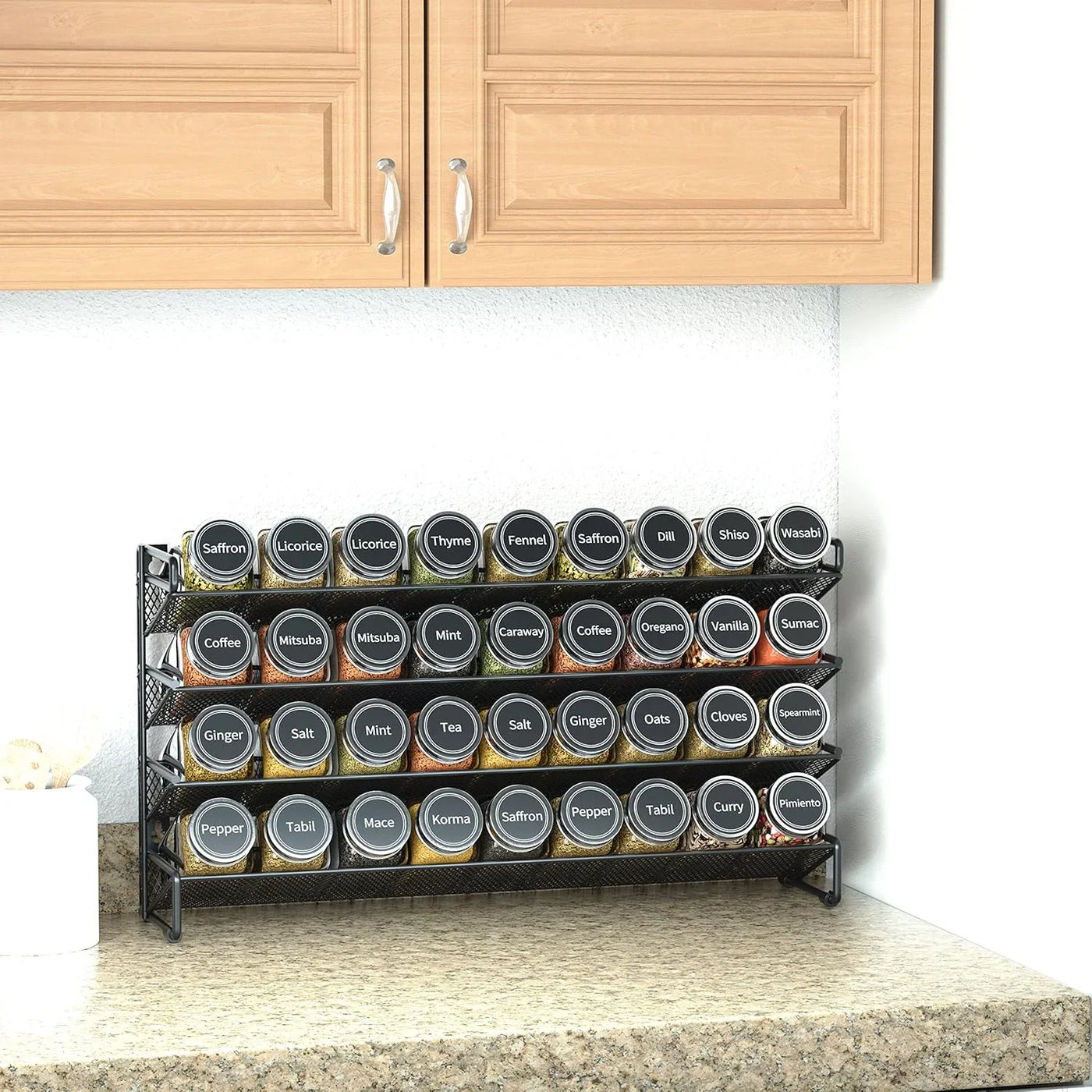 Spice Rack Organizer with 36 Spice Jars, 386 Spice Labels, Chalk Marker and Funnel Set for Cabinet, Countertop, Pantry, Cupboard or Door & Wall Mount - 36 Jars, 17.2" W × 10.8" H, Black