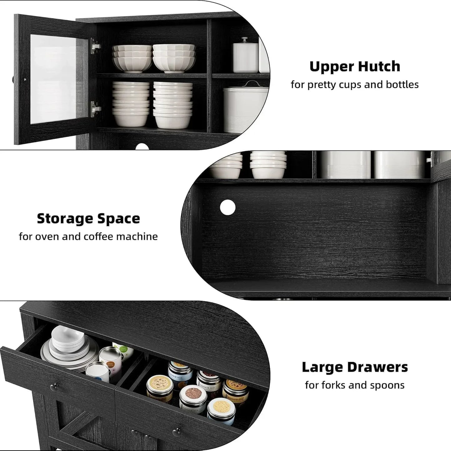 Black kitchen storage cabinet with hutch, drawers, and space for appliances and dishware