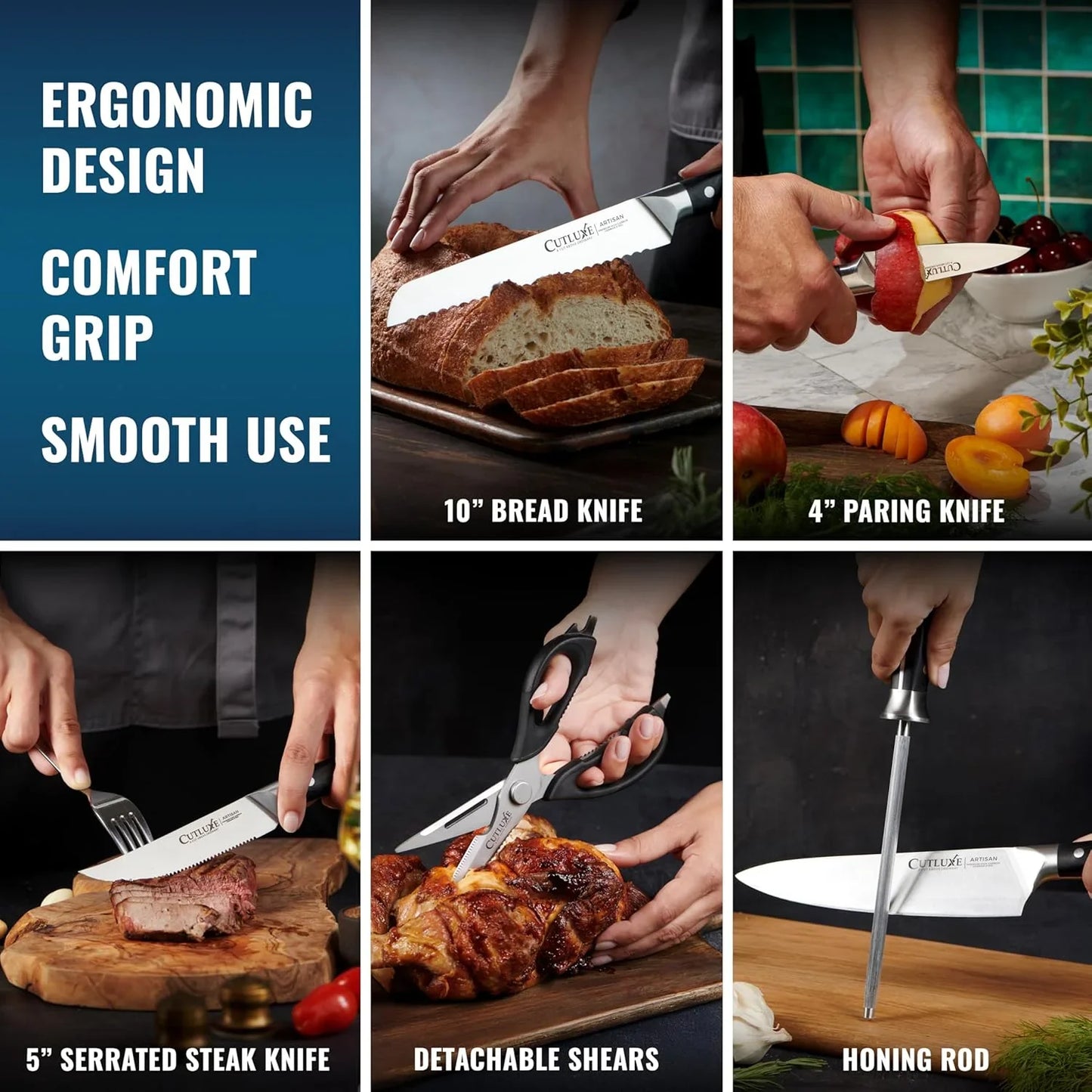 15-Piece Knife Set – High Carbon German Steel Blades, Full Tang Design & Ergonomic Pakkawood Handles in Walnut Wood Block – Artisan Series