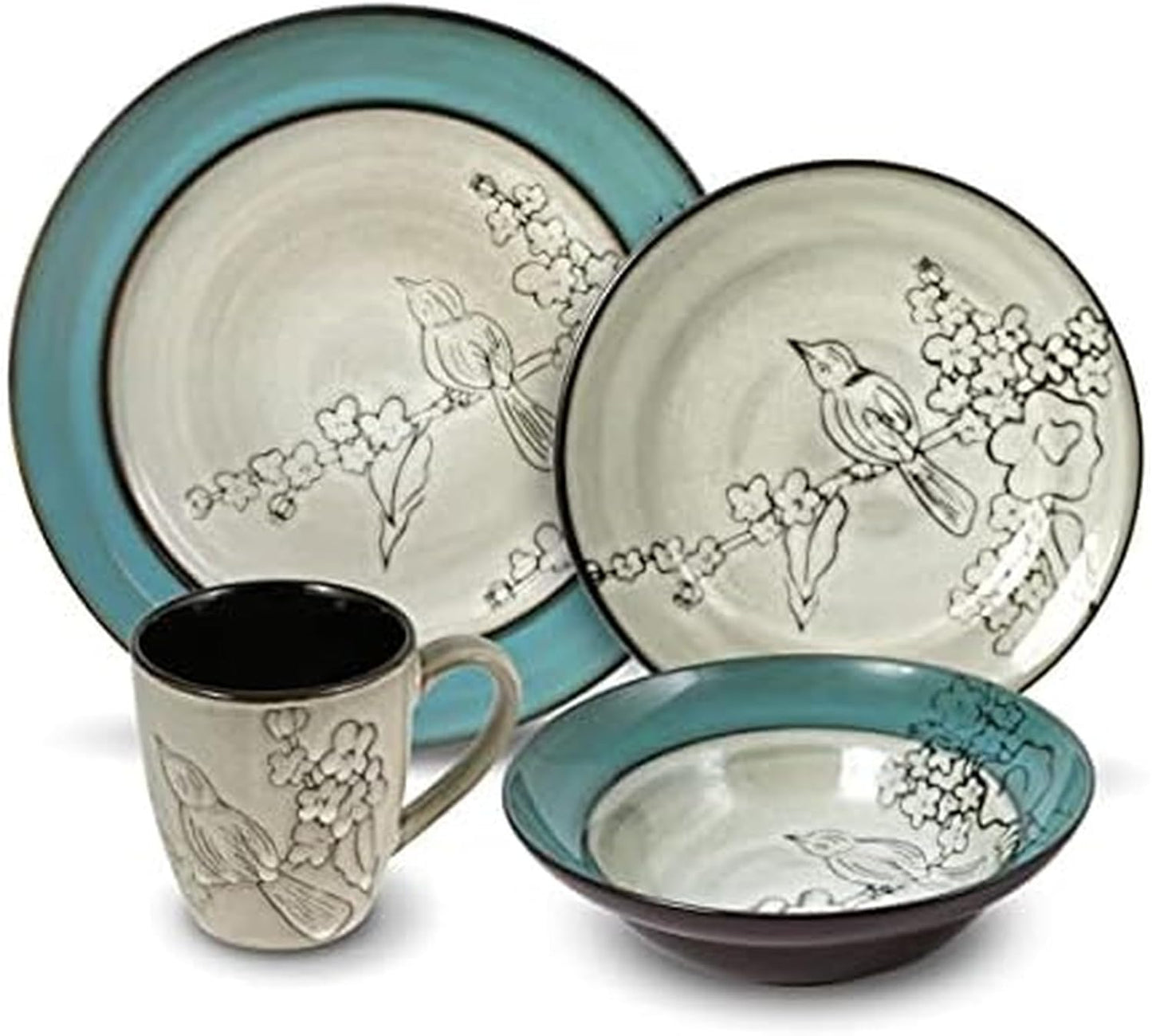 Song Bird Dinnerware Set, 16 Piece, Green, Gray