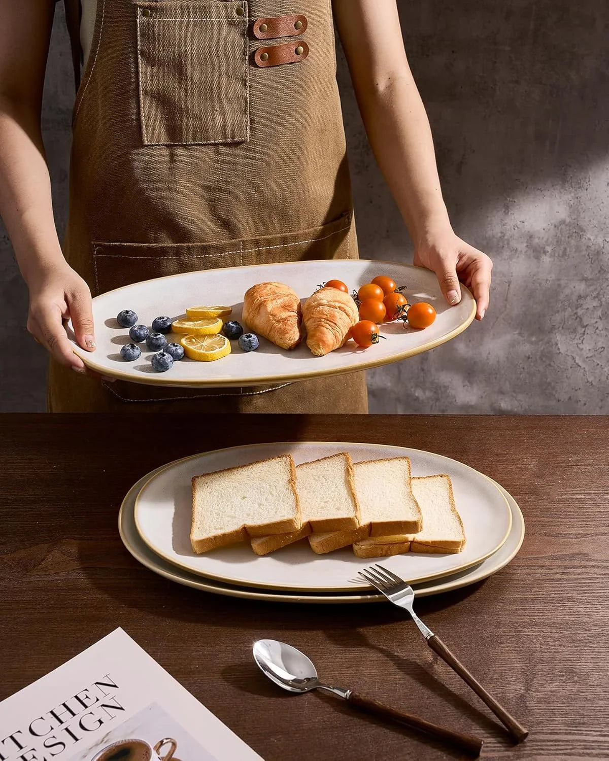 Serving Platter, Oval 15.59/14.3/12.9 Inch Serving Dishes for Entertaining, Serving Bowls, Microwave Safe, Stonware Serving Trays for Party, Turkey, Cheese, Ocean Series, Cappuccino White