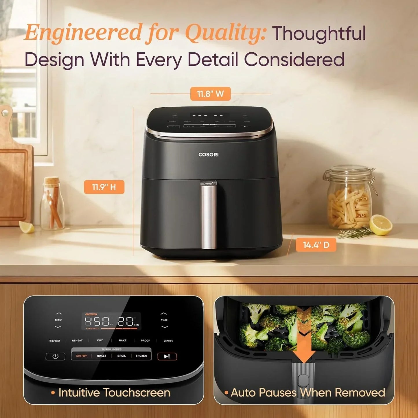 COSORI air fryer with touchscreen controls, auto-pause feature, and broccoli cooking inside, shown on kitchen counter