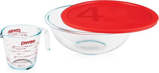 Smart Essentials 3-Piece Glass Prep Set, 4-QT Glass Mixing Bowl with Lid and 2-Cup Measuring Cup, Dishwasher, Microwave and Freezer Safe, Essential Kitchen Tools