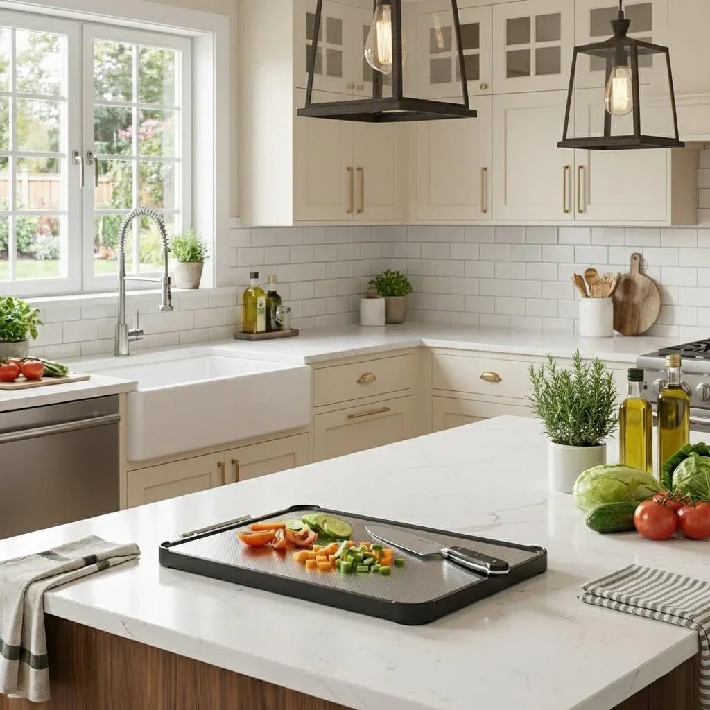Black cutting board with chopped veggies on white kitchen island, modern farmhouse kitchen setup