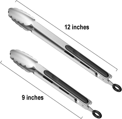 Set of 9-Inch and 12-Inch Stainless Steel Kitchen Tongs with Locking, Metal Cooking Tongs with Non-Slip Grip,Perfect for Grilling, Barbecue (BBQ) and More (9" & 12")