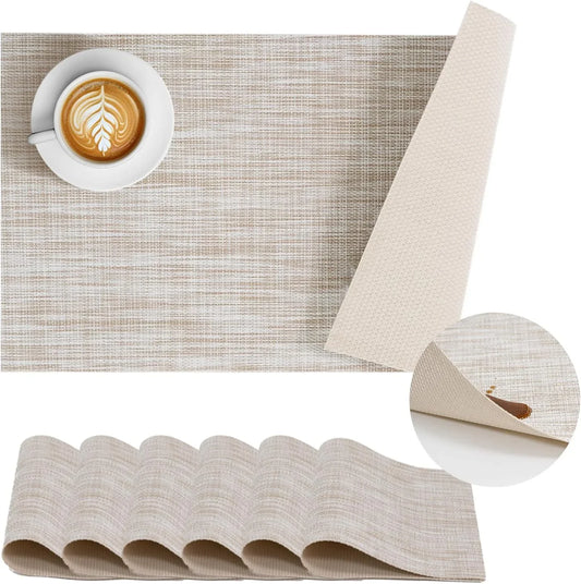 Leakproof Placemats Set of 6, 2-Layer Waterproof Placemat for No More Stains, Heat-Resistant Easy Clean Vinyl Table Place Mats for Kitchen Dining Indoor Outdoor, Beige