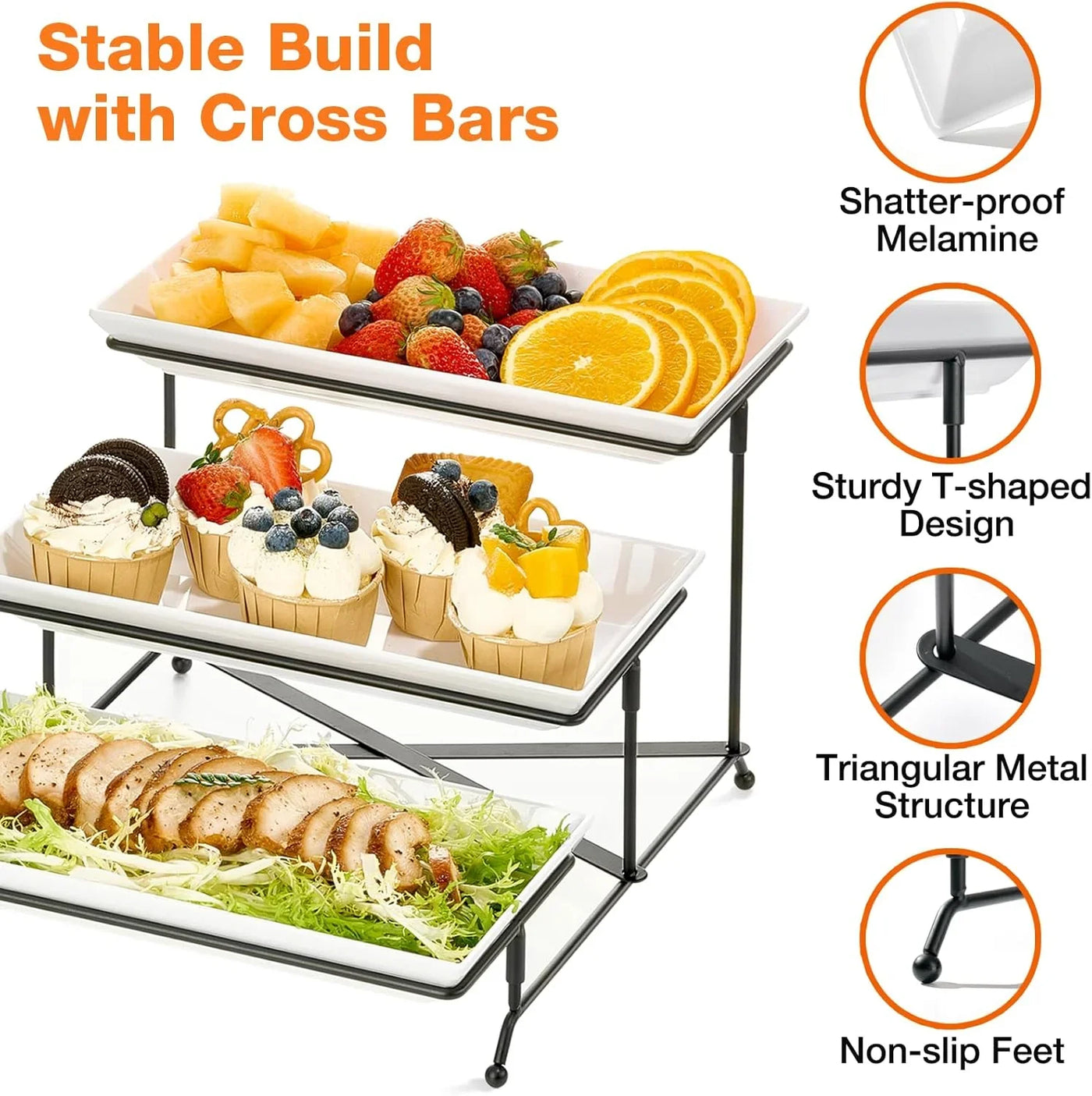 3 Tier Serving Tray Set, 12" Tiered Serving Trays Platters, Reusable Serving Tray for Party, Collapsible Sturdier Stand with Stable Cross Bars, Serving Platters for Veggie, Fruit, Dessert