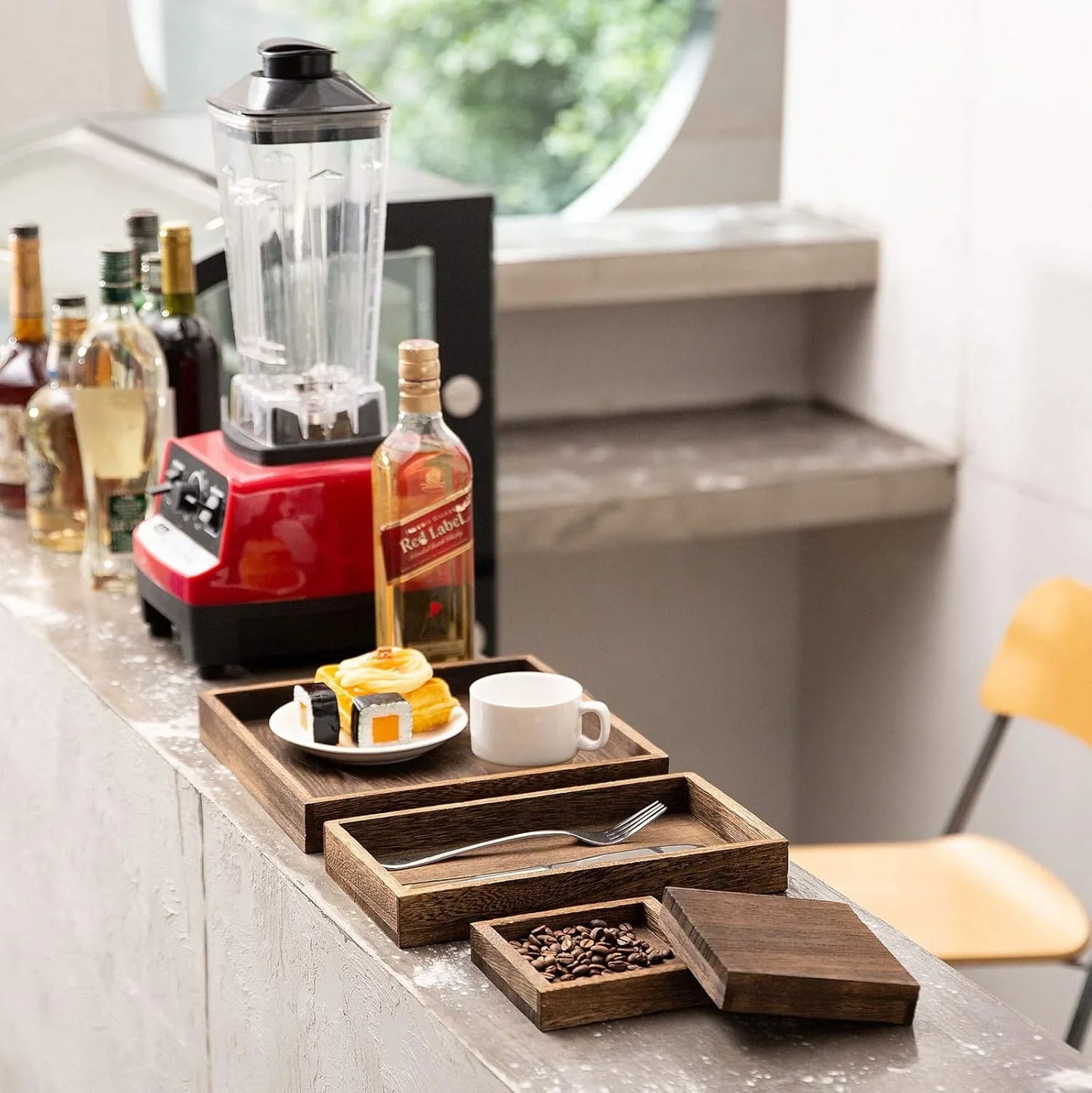 Rustic Wooden Serving Trays with Handle - Set of 7 Rectangular Platters for Entertaining, Breakfast, Coffee Table, Home Decor